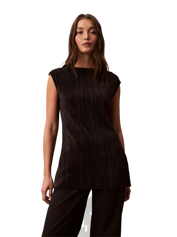 Sleeveless Pleated Boatneck Tunic Top 1 Image