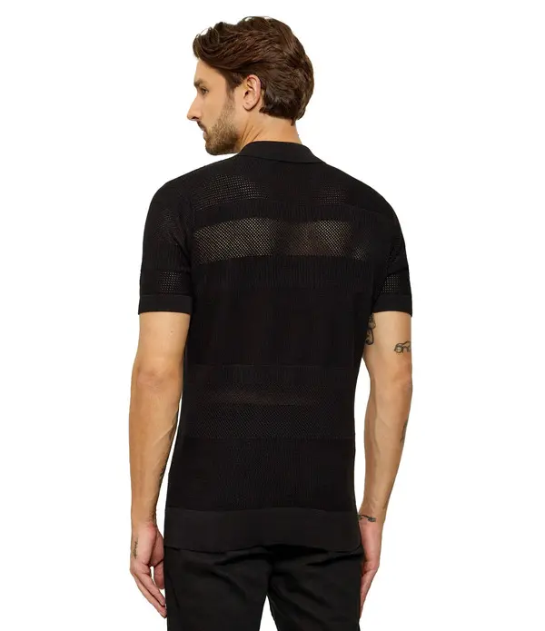 Regular Fit Striped Open-Weave Mesh Polo 2 Image