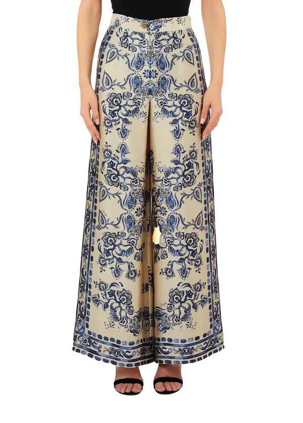 Satin Wide Leg Trousers with Foulard Print  2 Image