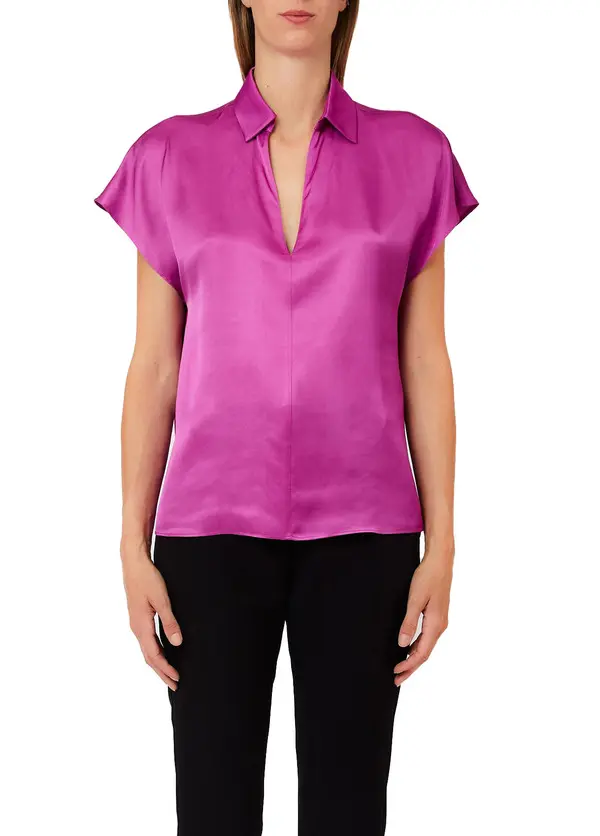 Loose Fit Satin V-neck Short Sleeve Blouse 2 Image