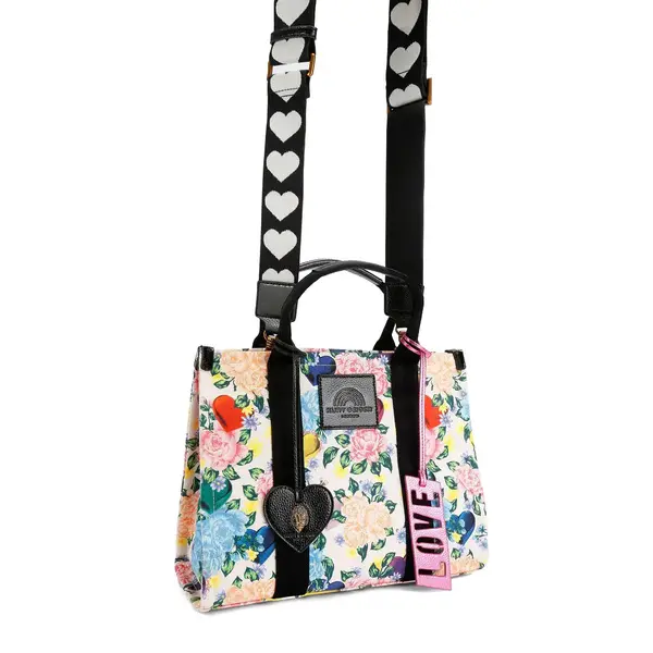 Floral Print Small Canva Tote Bag with Heart-Patterned Strap and "LOVE" Bag Charm 3 Image