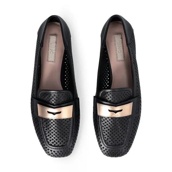 Textured Perforated Loafers with Matte Gold Front Bar 2 Image