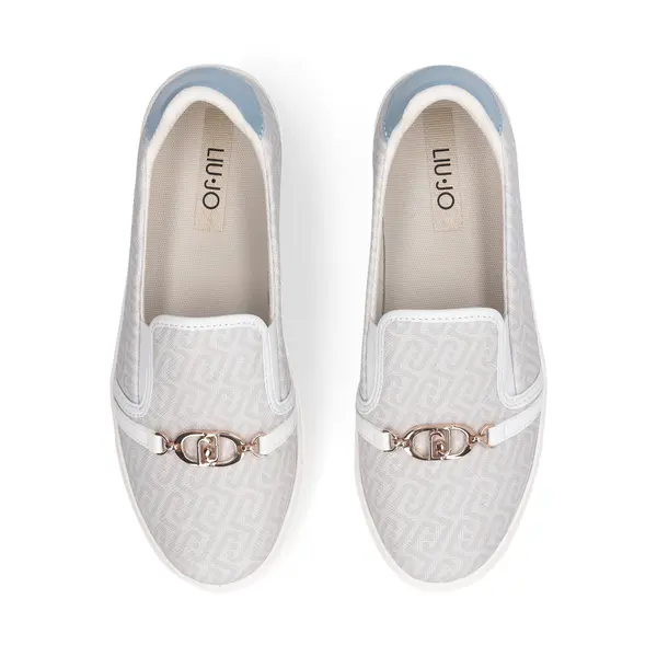 Monogram Canvas Slip-On Shoes with Sky Blue Heel and Gold Chain Hardware 2 Image