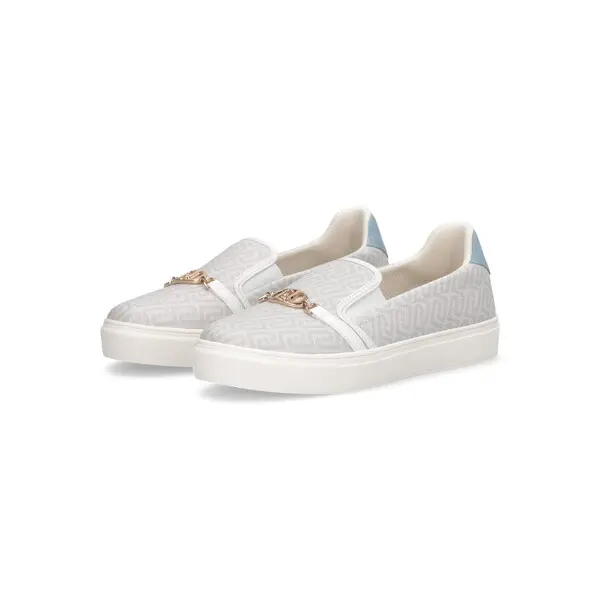 Monogram Canvas Slip-On Shoes with Sky Blue Heel and Gold Chain Hardware 4 Image