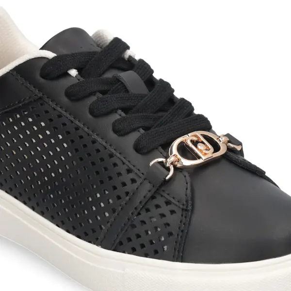 Perforated Leather Low-Top Sneakers with Gold Hardware and Contrast White Sole 1 Image