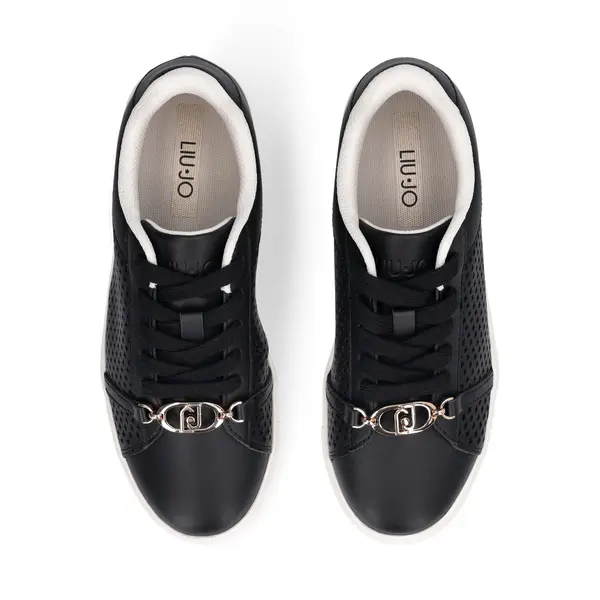 Perforated Leather Low-Top Sneakers with Gold Hardware and Contrast White Sole 2 Image