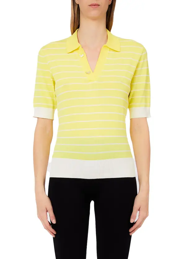 Striped Knit Short Sleeve Polo T-Shirt  2 Image