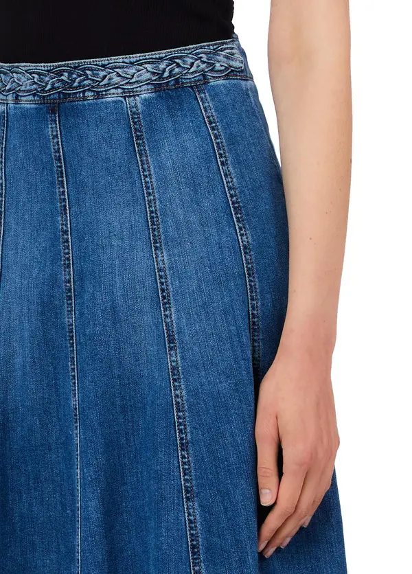 Paneled Denim Midi Skirt with Frayed Hem 1 Image
