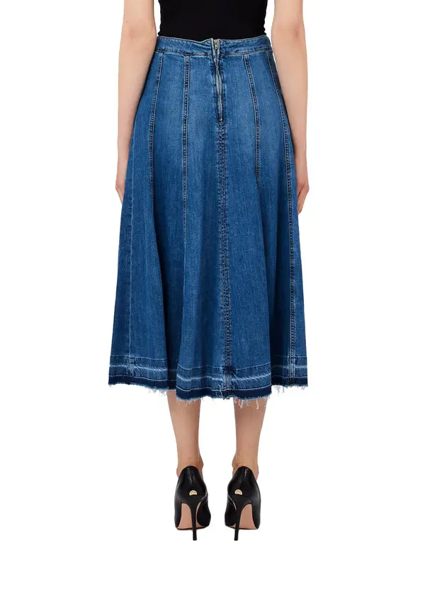 Paneled Denim Midi Skirt with Frayed Hem 2 Image