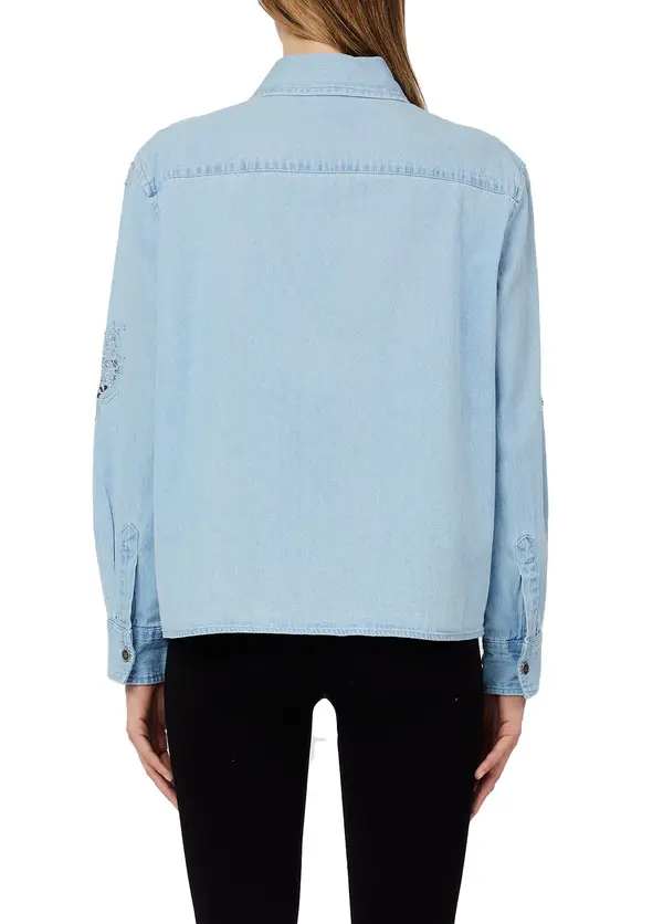 Light Wash Denim Shirt With Floral Lace Appliqué 2 Image