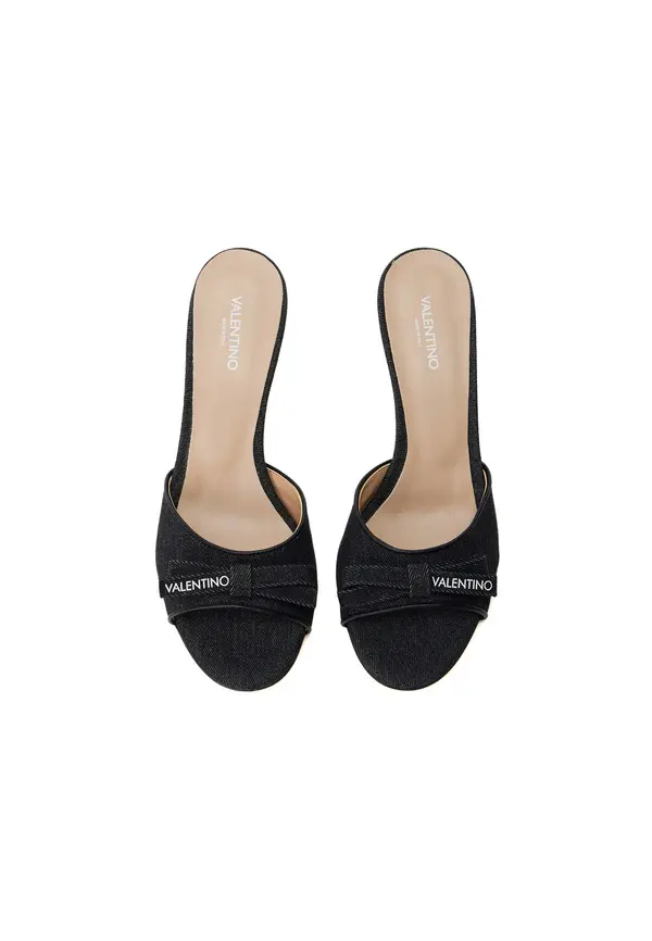 Denim Bow Open-Toe Heeled Mules 1 Image