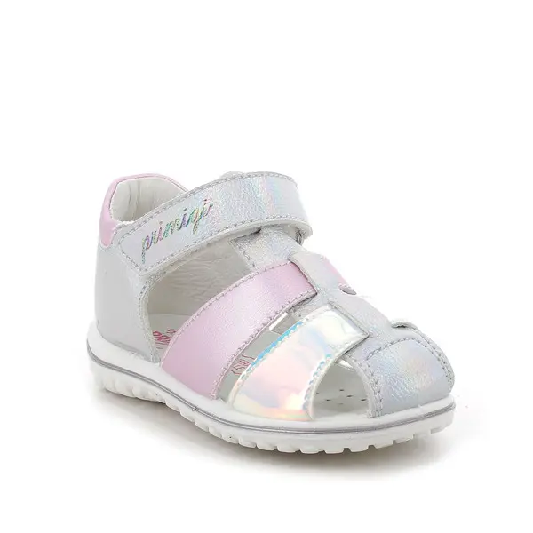 Baby Girl Iridescent Silver and Pink Leather Sandals with Holographic Detail 2 Image