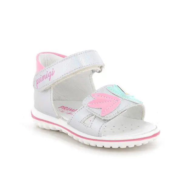 Baby Girl Silver Shimmer Leather Sandals with Pink Accents and Butterfly Detail 2 Image