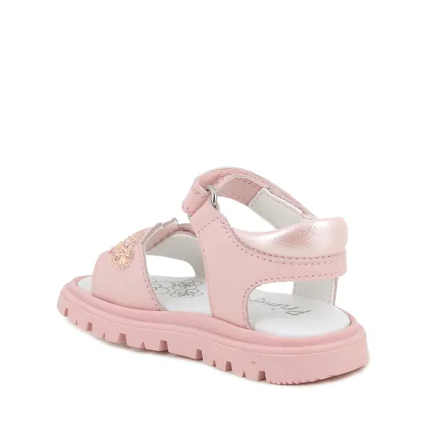 Baby Girl Pink Leather Sandals with Glitter Heart Appliqués and Scalloped Detail 2 Image