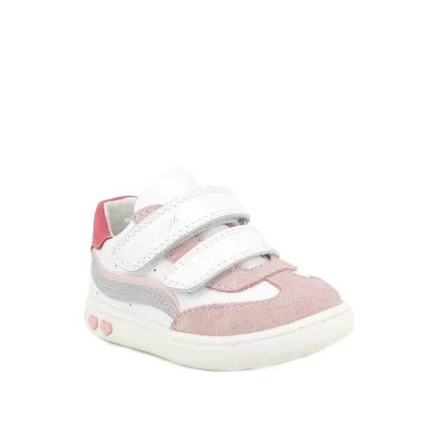 Baby Girl White and Pink Leather Sneakers with Double Hook-and-Loop Straps and Heart Detail 2 Image