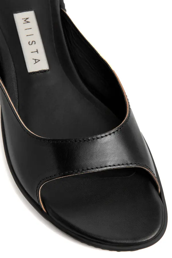 Black Leather Peep-Toe Flat Slide 1 Image