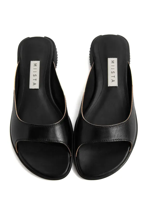 Black Leather Peep-Toe Flat Slide 2 Image