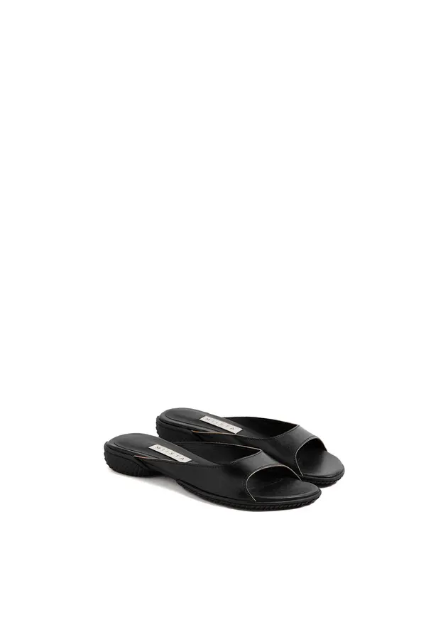 Black Leather Peep-Toe Flat Slide 4 Image