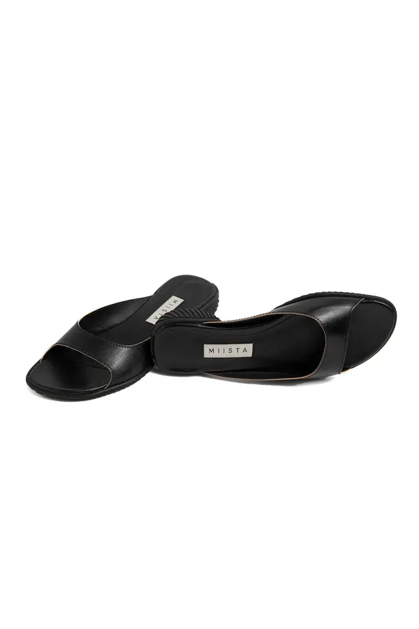 Black Leather Peep-Toe Flat Slide 5 Image