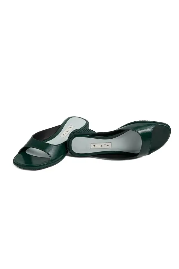 Green Leather Peep-Toe Flat Slide 1 Image