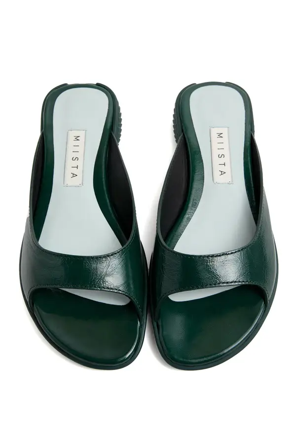 Green Leather Peep-Toe Flat Slide 3 Image
