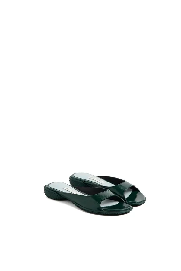 Green Leather Peep-Toe Flat Slide 5 Image