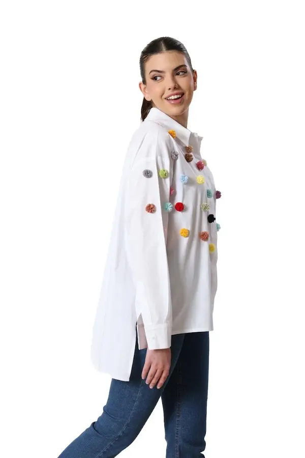 White Lycra Linen Chemise With Colors Pompoms 1 Image