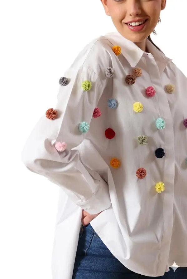 White Lycra Linen Chemise With Colors Pompoms 2 Image