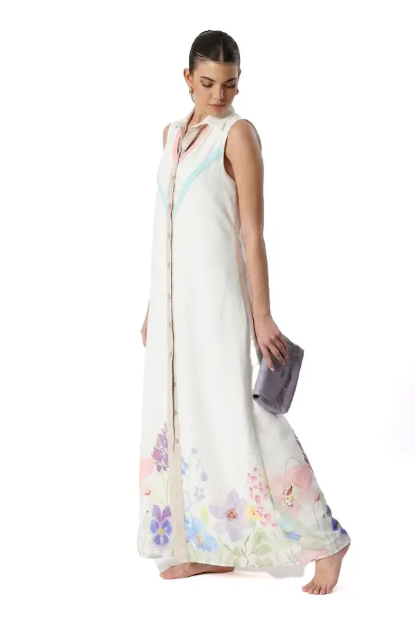 Linen White Dress With Flowers 1 Image