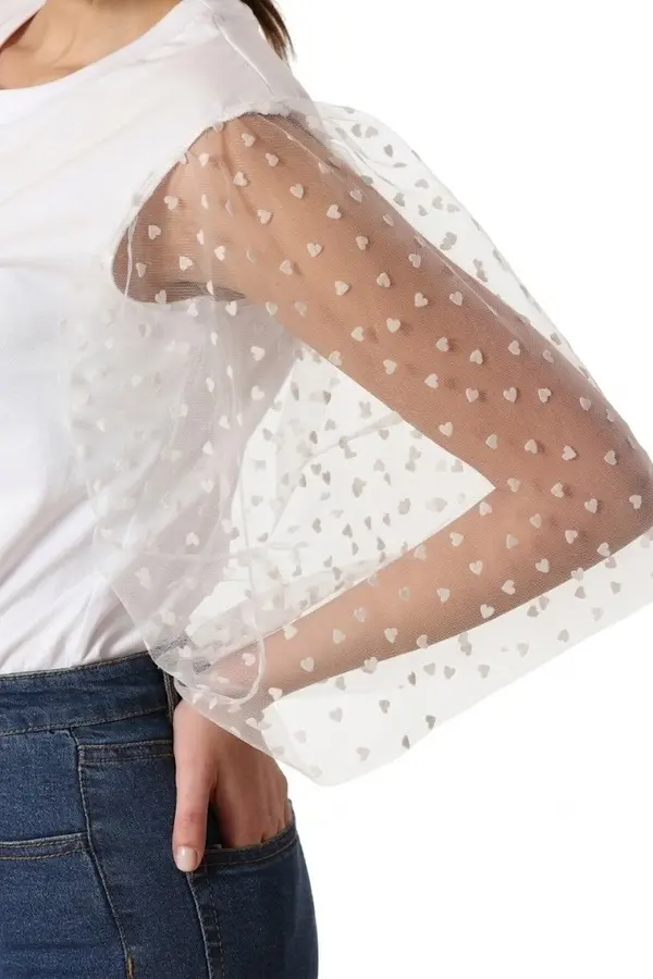 White Cotton Top With Hearts Tulle Sleeve 1 Image