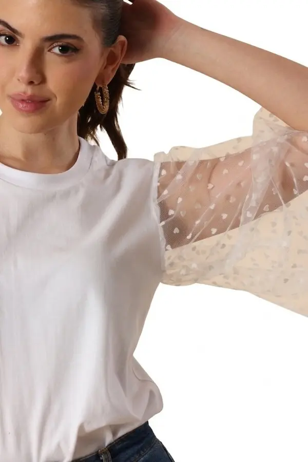 White Cotton Top With Hearts Tulle Sleeve 2 Image