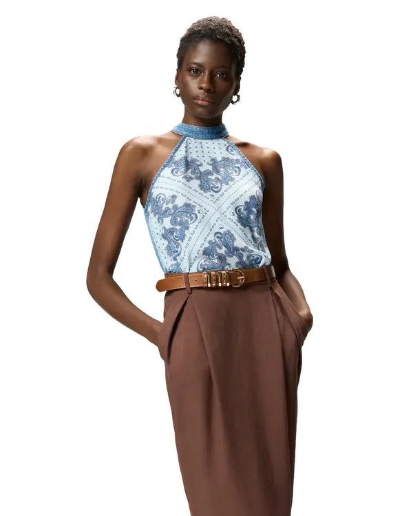 Sleeveless Denim Top With Scarf Print 4 Image