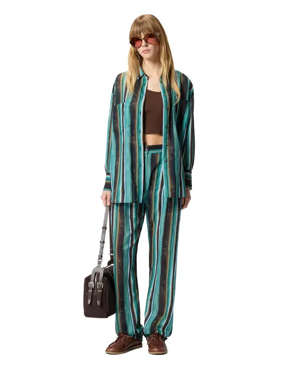 Cotton Long Sleeve Shirt with Brushstroke Stripes 2 Image