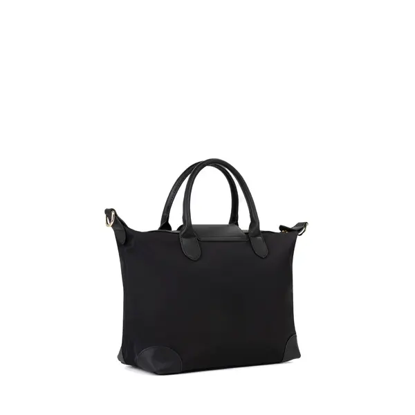 Nylon Handbag with Grained Leather Trim and Logo Canvas Strap 3 Image