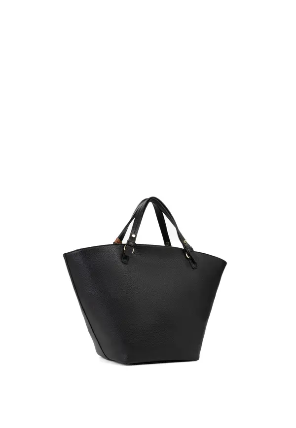 Grained Leather Trapezoid Medium Tote Bag with Logo Webbing Strap and Charms 2 Image