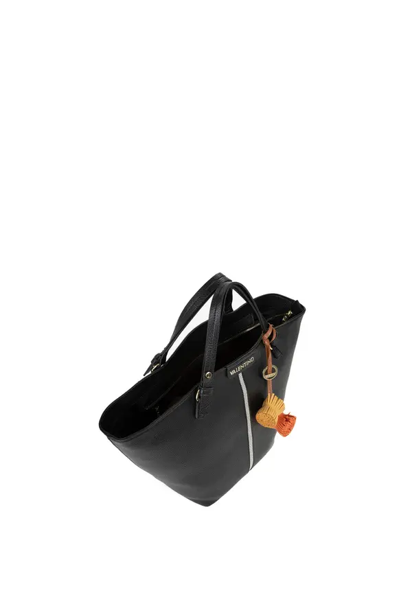 Grained Leather Trapezoid Medium Tote Bag with Logo Webbing Strap and Charms 3 Image