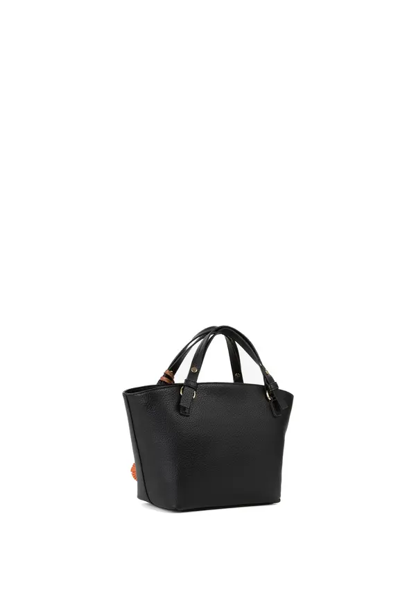 Grained Leather Trapezoid Small Tote Bag with Logo Webbing Strap and Charms 2 Image