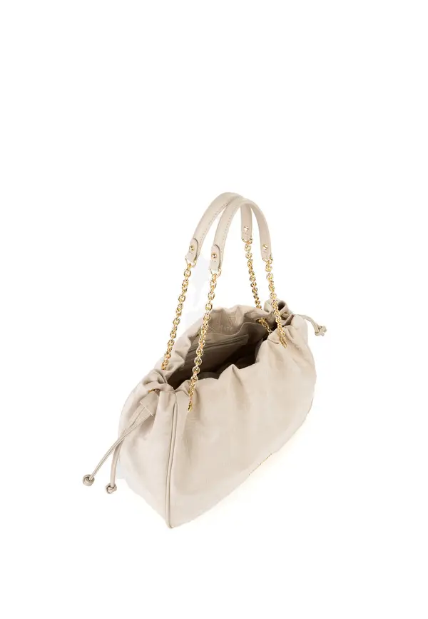 Embossed Logo Drawstring Shoulder Bag with Gold Chain Straps 3 Image