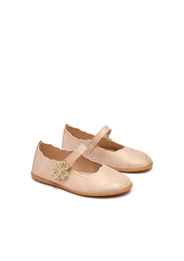 Kids Girls Gold Leather Shine Hearts Ballerina  2 Image