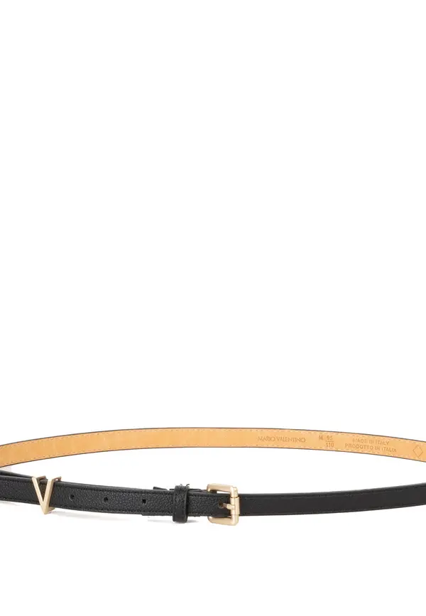 Grained Leather Skinny Belt with Gold V-Logo Detail 1 Image