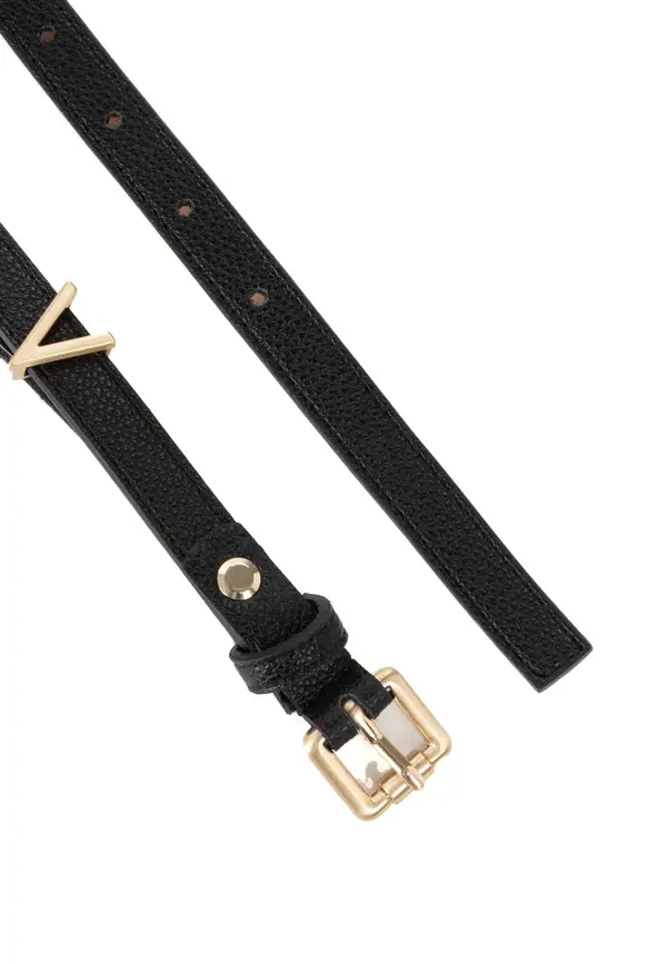 Grained Leather Skinny Belt with Gold V-Logo Detail 2 Image