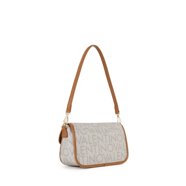 Monogram Print Flap Shoulder Bag with Tan Trim and Logo Canvas Strap 2 Image