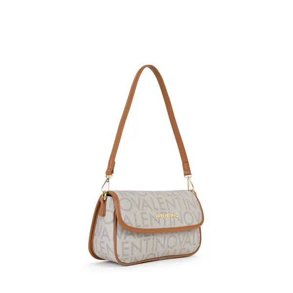 Monogram Print Flap Shoulder Bag with Tan Trim and Logo Canvas Strap 3 Image